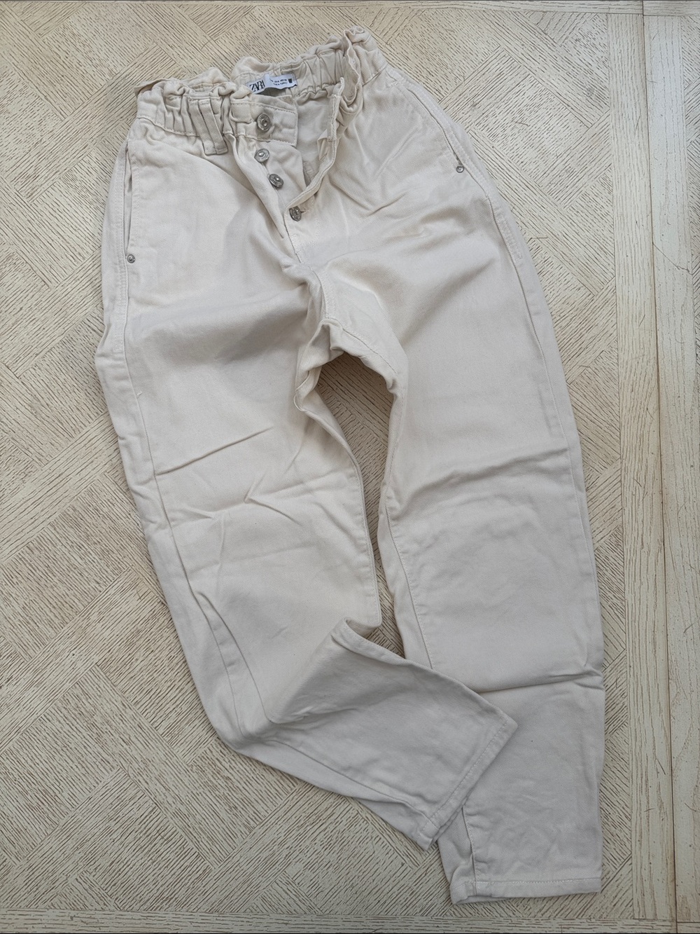 Zara Cream Elastic Waist Tapered Cotton Pant